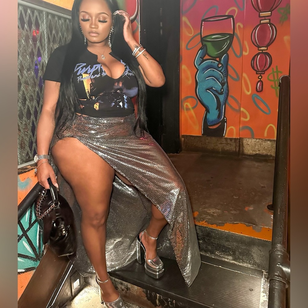 Silver Sequins High Split Skirt